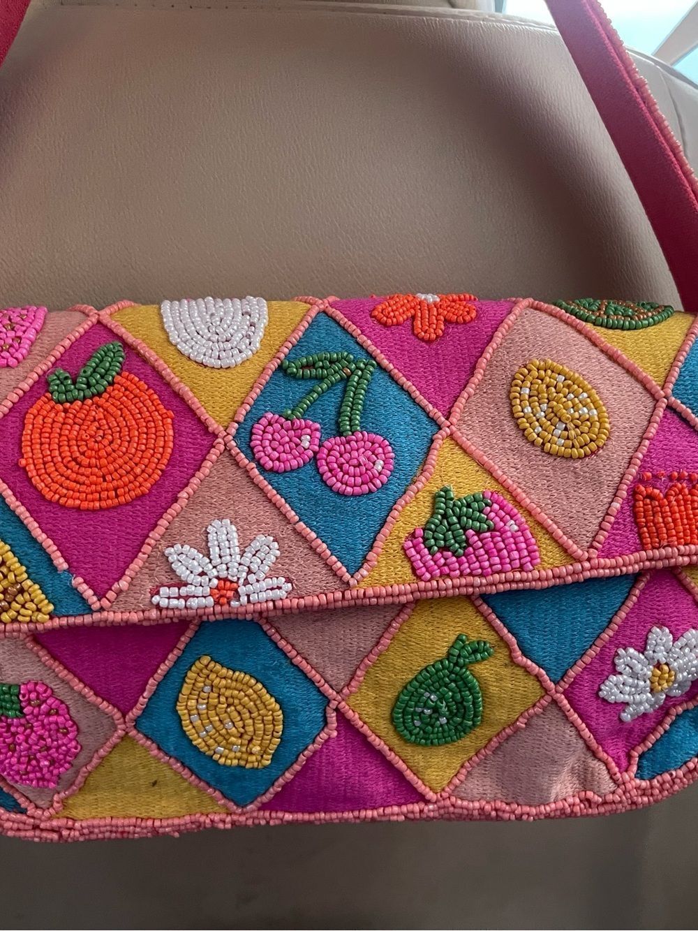 Viral Beaded Bag - Fruit Pattern Foldover Shoulder Bag in Pink multi color - Picture 1 of 9
